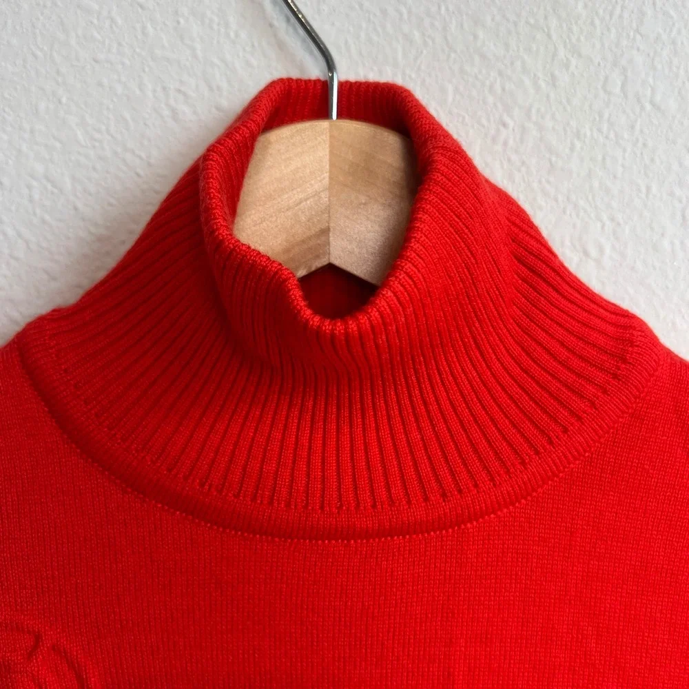 Tory Burch Gemini Red Merino Wool Turtleneck Sweater Textured‎ Monogram Red XS